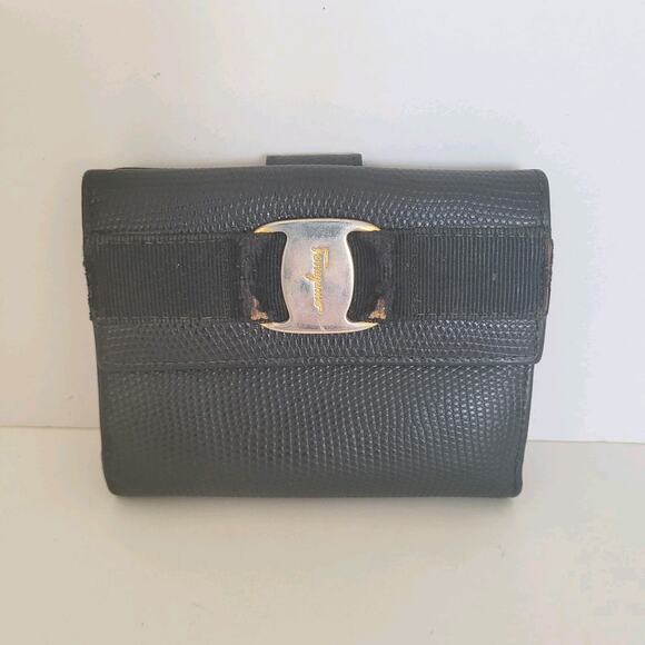 Salvatore Ferragamo Vara Wallet Snake Leather Black Compact Card Bill Belted - Picture 1 of 10